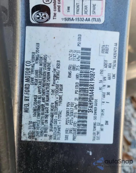 2011 Ford Fusion Se z USA, uszkodzony, nr VIN 3FAHP0HA4BR190874